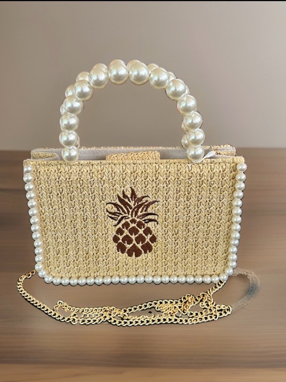 Tommy Bahama Embroidered Pineapple Faux Pearls Woven Mini Tote Crossbody Bag NWT